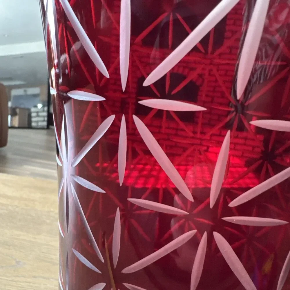 VNTG PartyLite Ruby Red Cut Glass L 13”Trumpet Vase Pedestal Geometric Cut Art